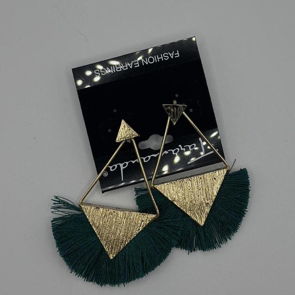 Taramanda Geometric Fringe Earrings – Gold  Earrings with Green Tassels NWT